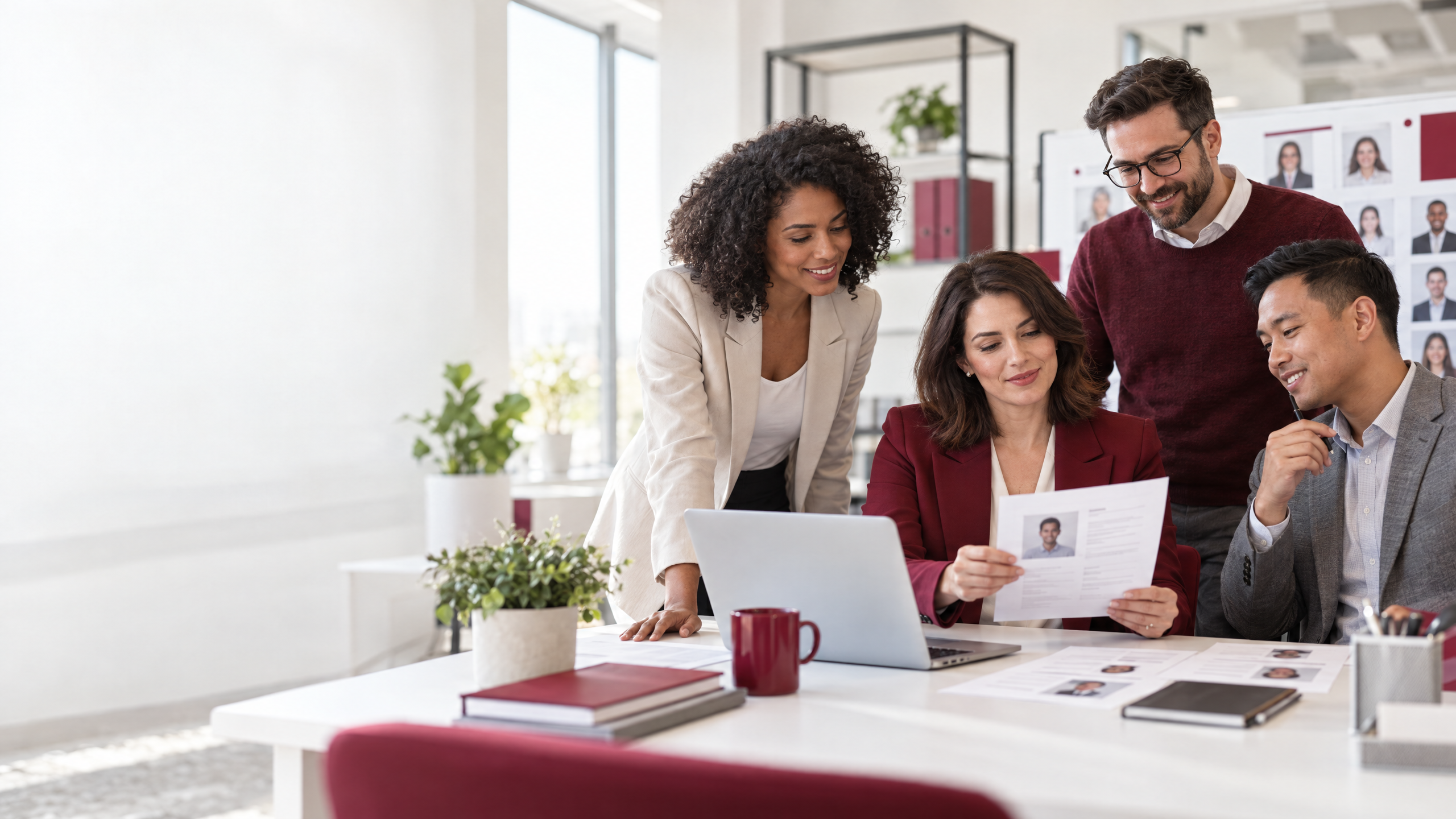 Hiring manager reviewing candidates with a diverse team in a modern office.