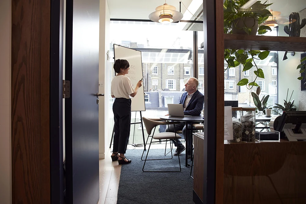 A professional presenting to a colleague in a meeting room